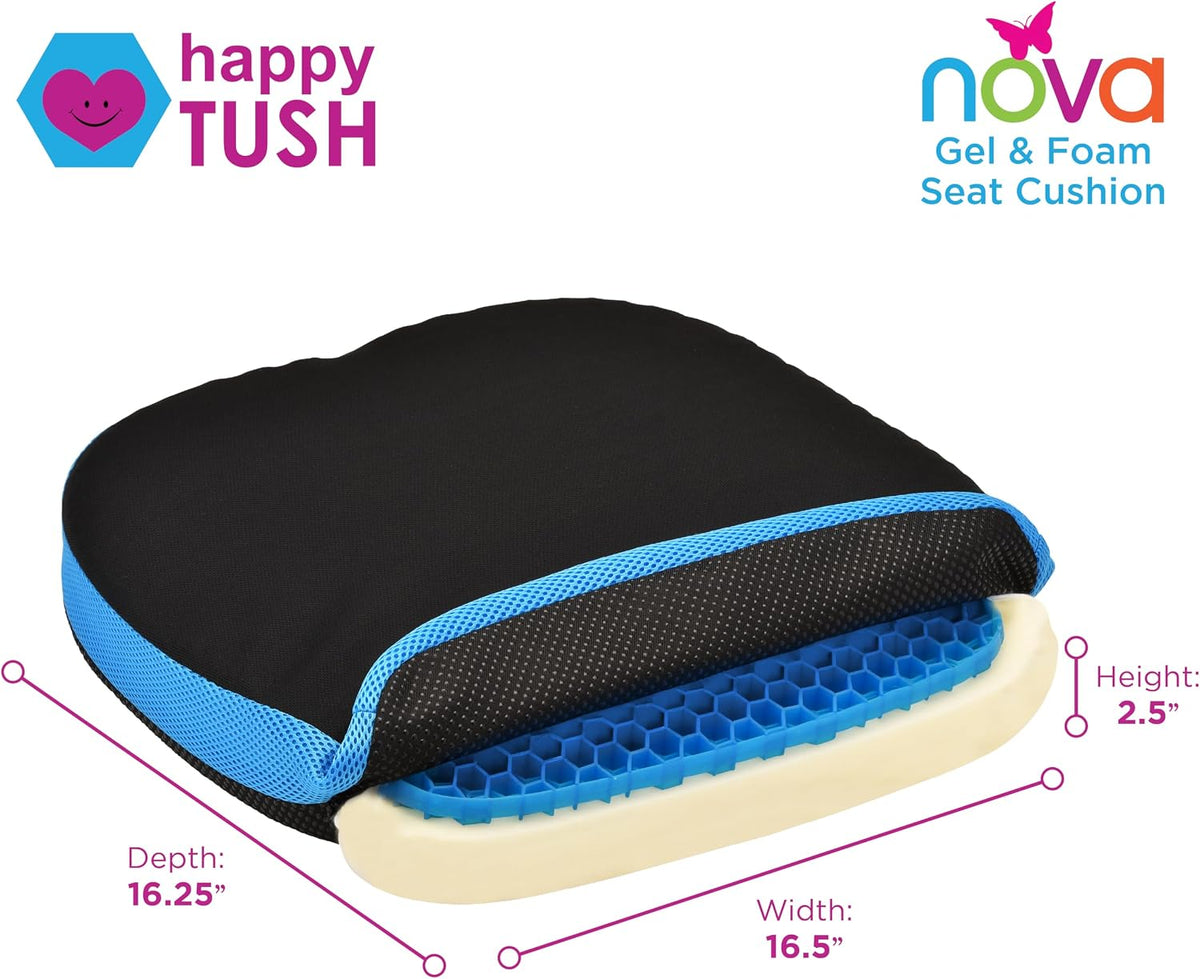 NOVA Happy Tush Gel Cell & Memory Foam Seat Cushion — Dual-Layer Pressure-Relief, 2.5" Thick, Foldable & Portable, Water-Resistant, Washable Non-Slip Cover, Home, Office & Travel