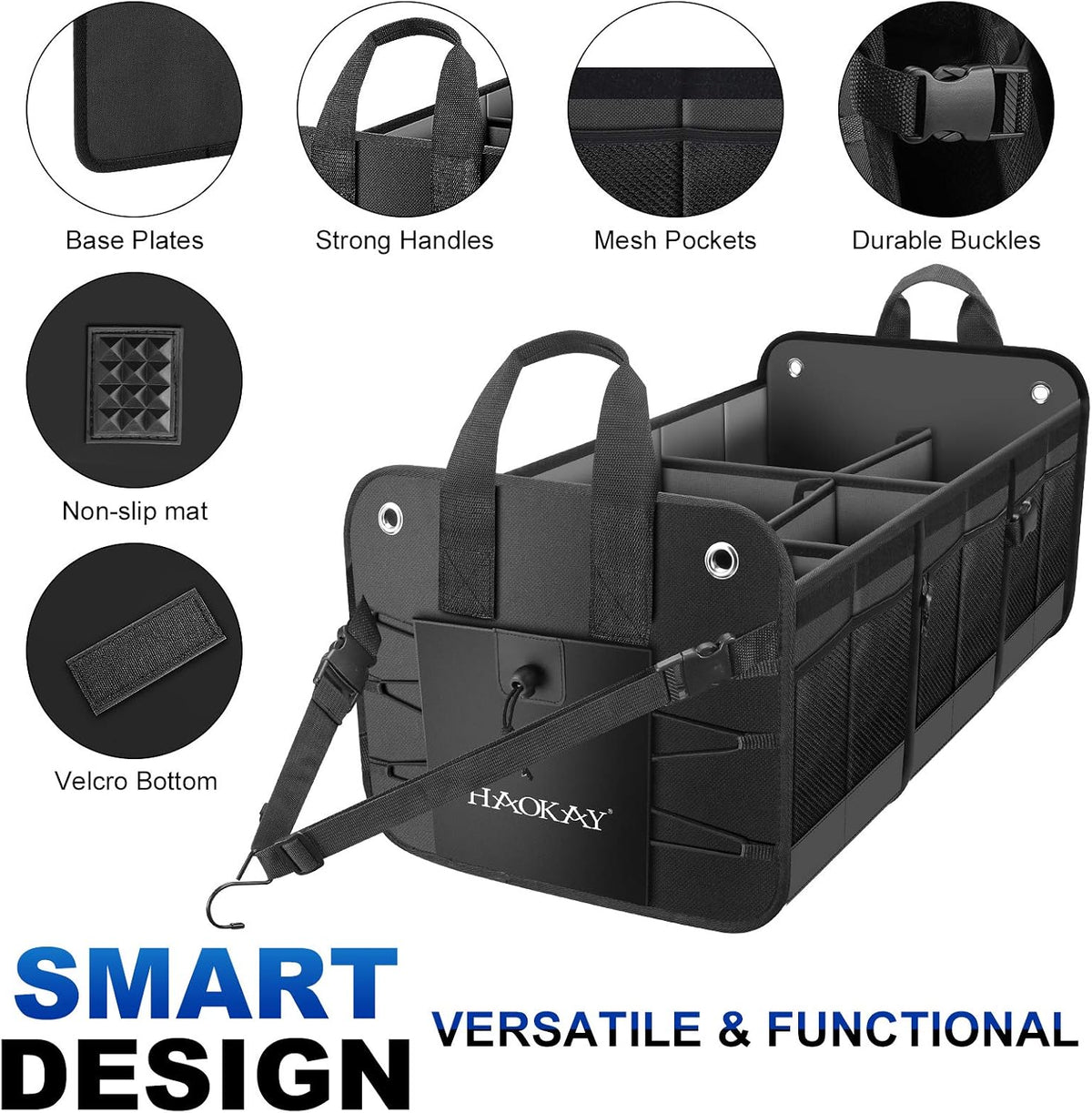 HAOKAY Collapsible Trunk Organizer with Insulated Leakproof Cooler Bag,Removable Lid,Adjustable Securing Straps,3 Compartments 5 in 1 Trunk Organizer for SUV,Truck,Sedan Jeep （95L
