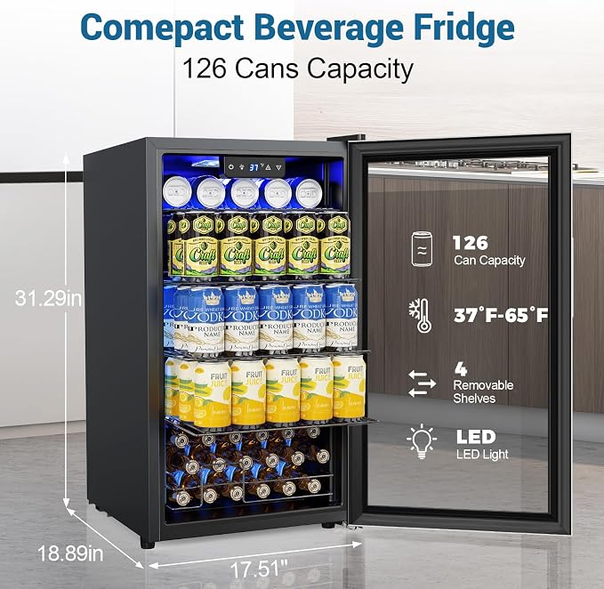 Velivi Mini Beverage Refrigerator 3.2 Cu. Ft Small Fridge 126 Can Lockable Drink Cooler with Glass Door, Safety Lock, For Beer Soda, Silver | Small Fridge 126 Can Lockable Drink Cooler with Glass Door, For Beer Soda, Silver