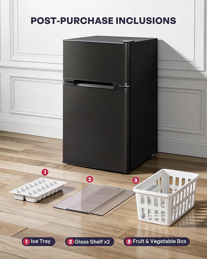 3.2 Cu.Ft Mini Fridge with Freezer, 2 Door Small Refrigerator with Adjustable Thermostat & Removable Glass Shelves, Mini Refrigerator for Dorm Office Kitchen, Black