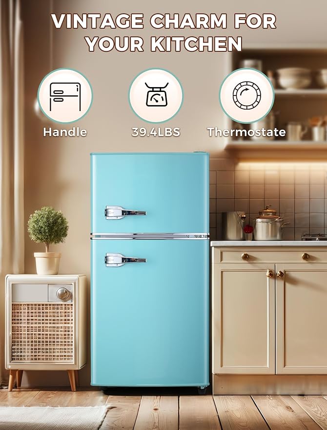 Anypro 3.2 Cu.Ft Refrigerator, Retro Double Door Fridge with Freezer, 7 Adjustable Temperature Settings, Removable Glass Shelves for Dorm, Office, Bedroom, Apartment, Blue