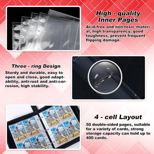 Baseball Card Binder - 4 Pocket Sports Card Album with 50 Removable Sleeves | Holds 400 Standard Size Cards
