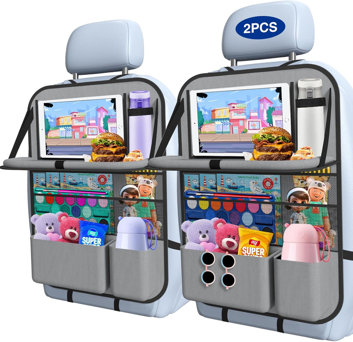2PACK-Car Backseat Organizer with Touch Screen Tablet Holder,9 Storage Pockets Storage Organizer with Foldable Food Tray, Protector Kick Mats for Kids, Travel Accessories Organizer (Grey)