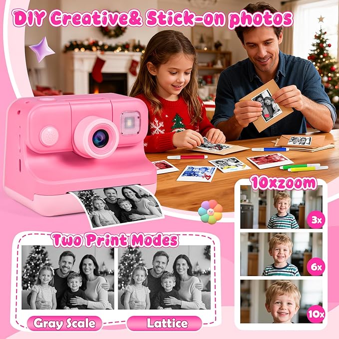 Kids Instant Print Camera with Carrying Bag, 1080P HD Girl Camera with 4 Print