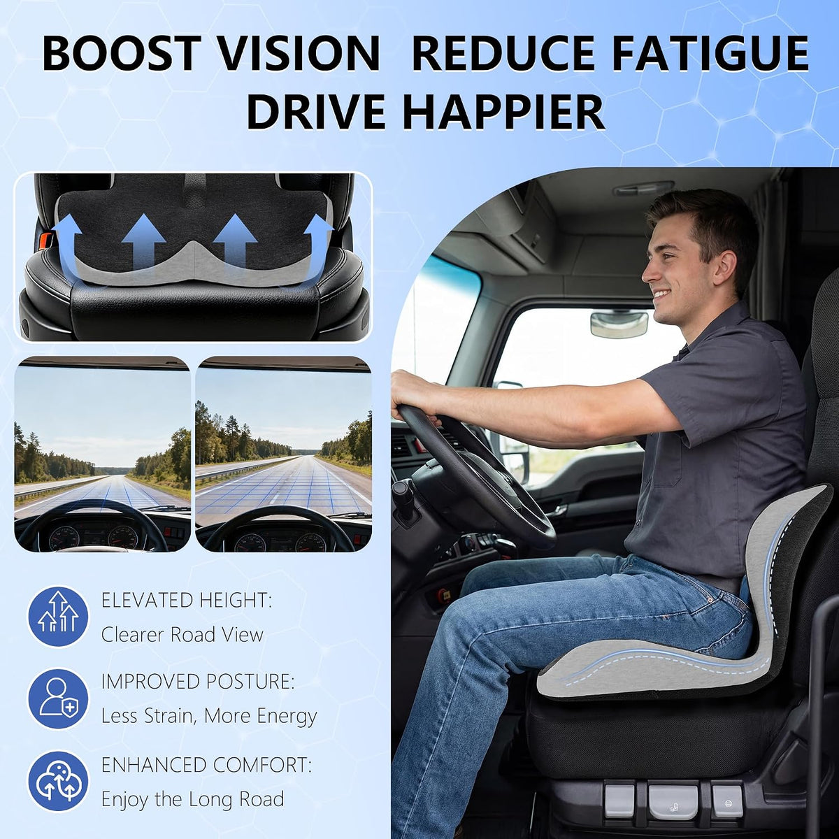 Truck Driver Seat Cushion Set - Memory Foam for Lower Back & Sciatica Pain Relief - Ergonomic Headrest Neck Pillow for Semi Truck & Car Dark Gray