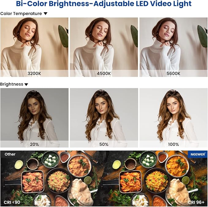 NEEWER 2 Pack Bi Color 660 LED Video Light and Stand Kit: 3200-5600K CRI 96+
