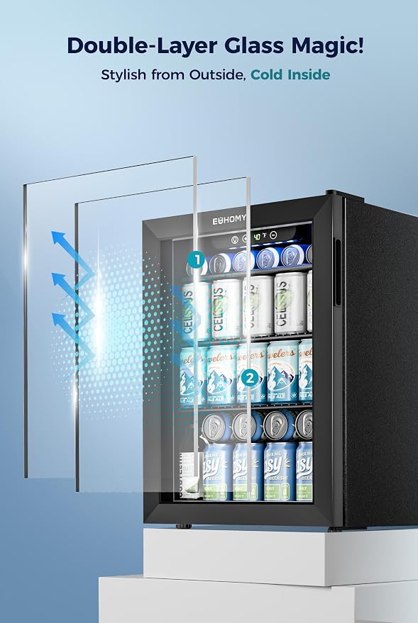 EUHOMY 100 Can Beverage Refrigerator cooler-Mini Fridge Glass Door for Beer Drinks Wines, Freestanding Beverage Fridge with Adjustable Shelves Blue LED for Home/Office/Dorm/Bar, 2.7 cu.ft