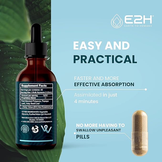 E2H Advanced Immune Defense Supplement - All-Natural Immune Booster - Immune Support Supplements Drops - Contains Holy Basil, Papaya Leaves and Red Banded Polypore - Non-GMO, Vegan - 2 Fl Oz