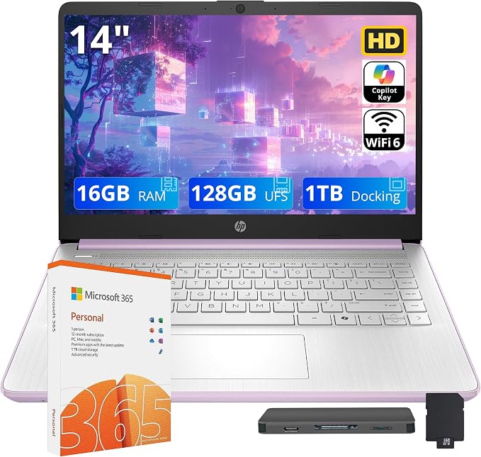HP Stream 14" HD Student & Business Laptop, Intel Processor N150, 16GB RAM, 1.12TB Storage (128GB UFS + 1TB Docking Station), Intel Graphics, 1 Year Office 365, Wi-Fi 6, Win 11, Purple