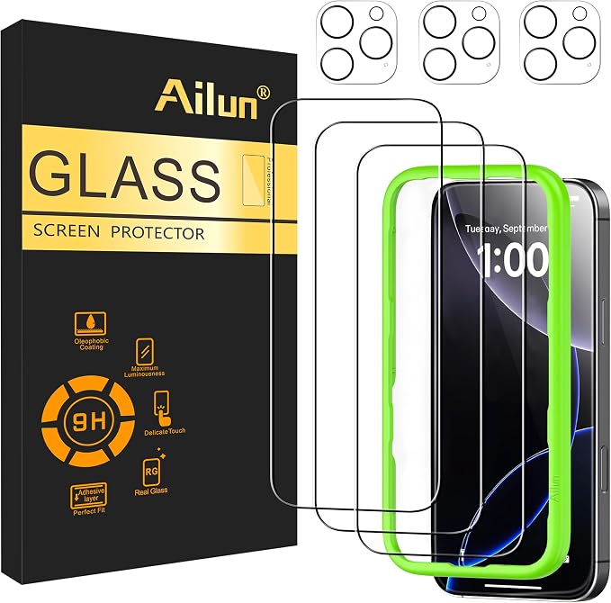 Ailun 3 Pack Screen Protector for iPhone 16 Pro + 3 Pack Camera Lens Protector
