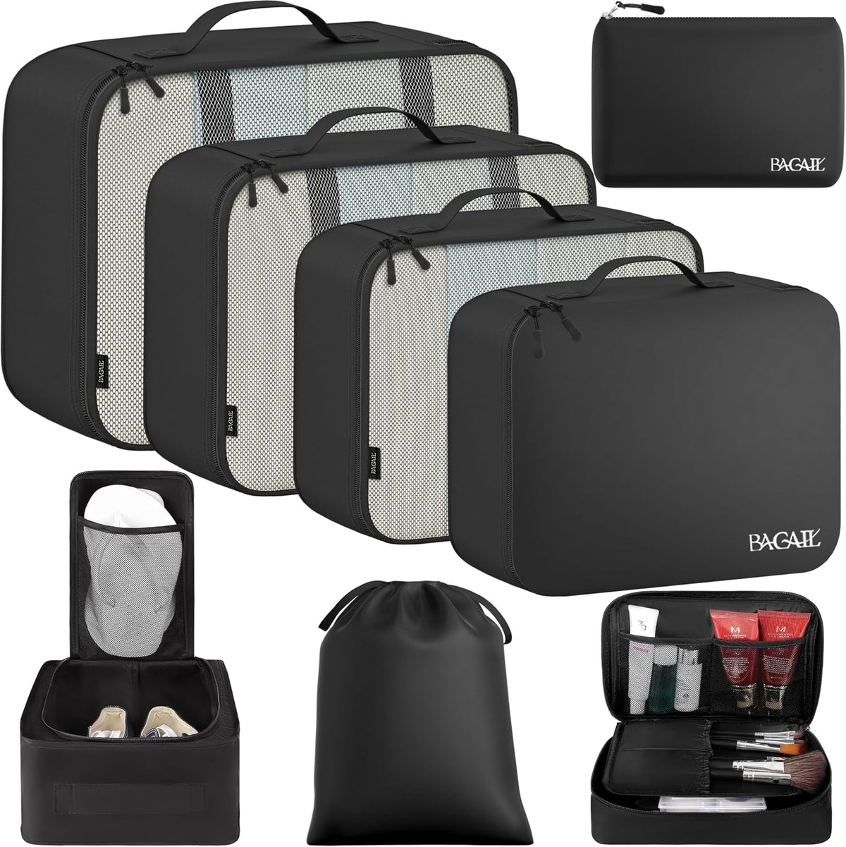 BAGAIL 8 Set Packing Cubes Luggage Packing Organizers for Travel Accessories-Jet Black