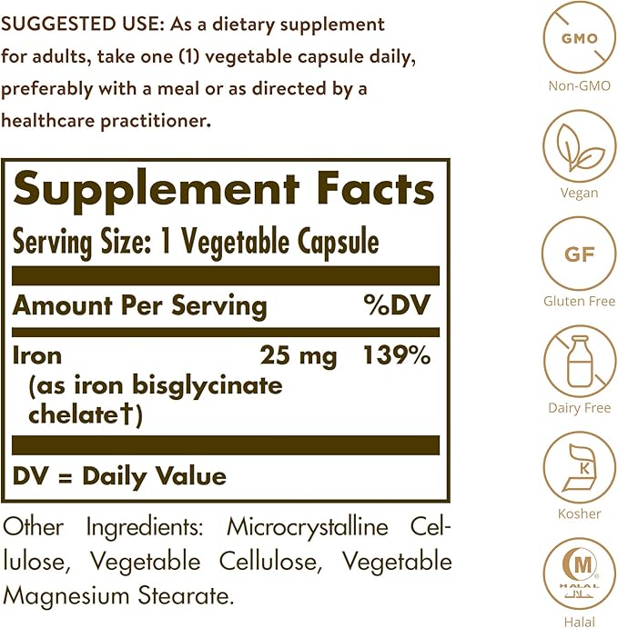 Solgar Gentle Iron, 240 Vegetable Capsules - Ideal for Sensitive Stomachs - Non-Constipating - Red Blood Cell Supplement - Non GMO, Vegan, Gluten Free, Dairy Free, Kosher - 240 Servings