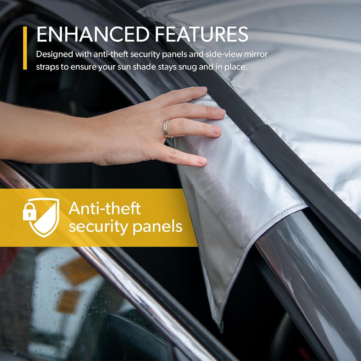 SolarGuard Plus Sunshade for Car Windshield - Reflective Car Shades for Windshield, Blocks Damaging UV Rays - for Use on Front Window Exterior, Includes Security Flaps - Silver, Standard Size
