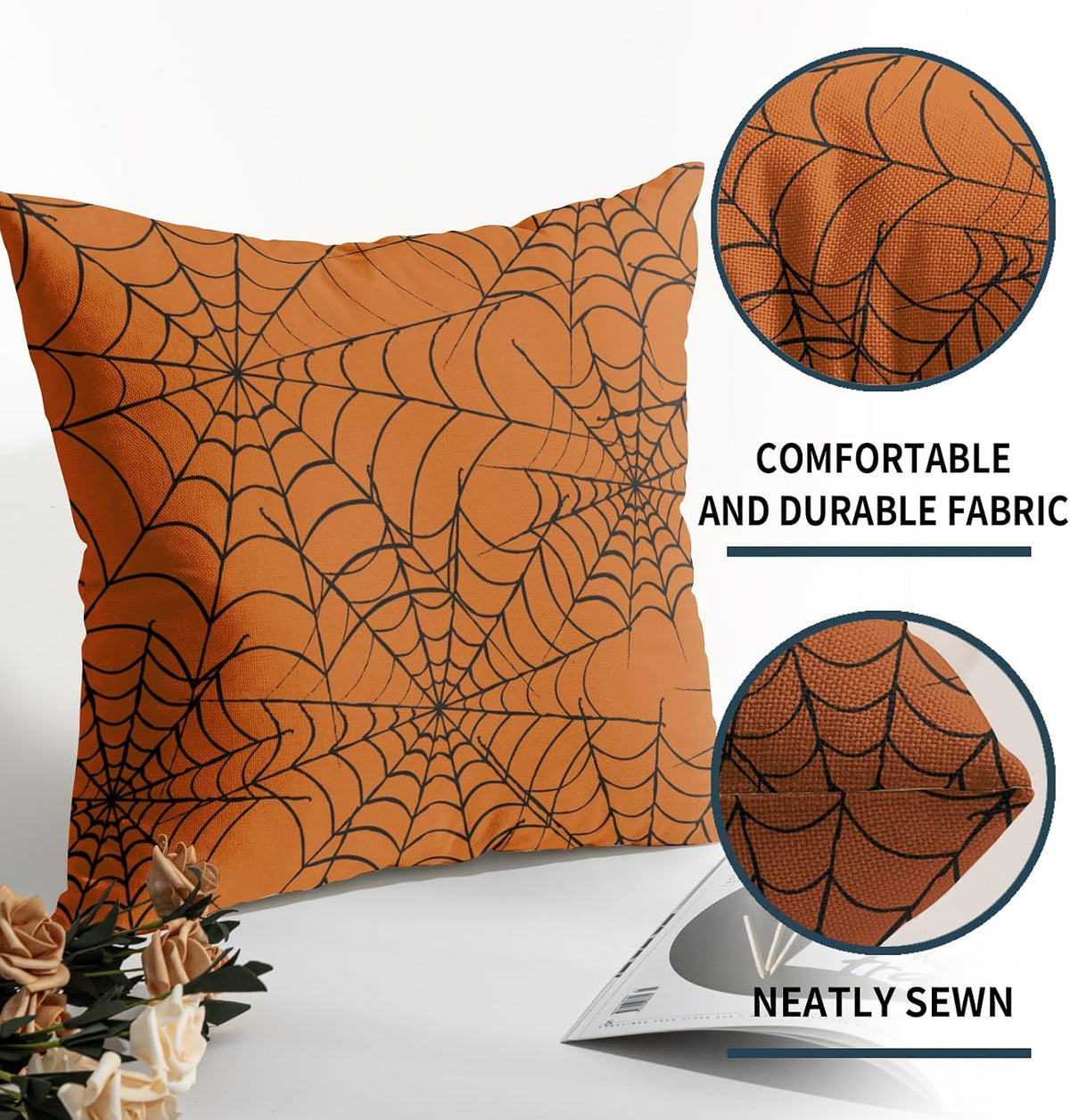 Burnt Orange Halloween Spiderweb Pillow Covers 18x18 Set of 2 Black Web Outdoor Decorative Throw Pillows Halloween Scary Themed Farmhouse Pillowcases Linen Cushion Case Decor for Home Sofa Couch Bed