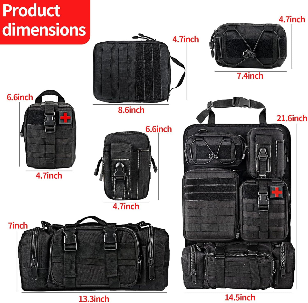 Tactical Car Seat Back Organizer with 5 Detachable Molle Pouches, 600D PU Waterproof Vehicle Seat Back Storage Bag, Universal Fit for Car, SUV, Truck, Pickup, Truck (Black)