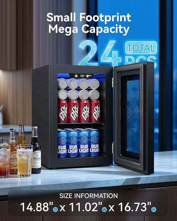 0.6 Cu.ft Beverage Cooler, Compressor Glass Door Mini Fridge 40-61°F Black | Freestanding for Office & Bedroom, Quiet Compressor, Low Energy Use, Holds Soda, Beer & Canned Drinks