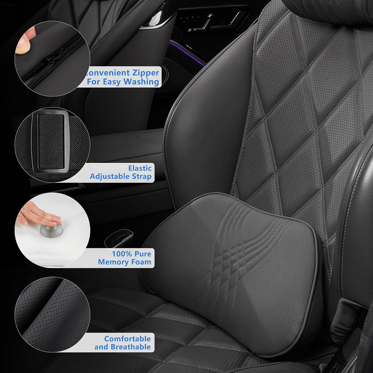 Lumbar Support Pillow for Car,Memory Foam Car Seat Back Support Pillow for Driving Ergonomic Back Cushion for Pain Relief & Sciatica Back Support for Office Chair (Black)