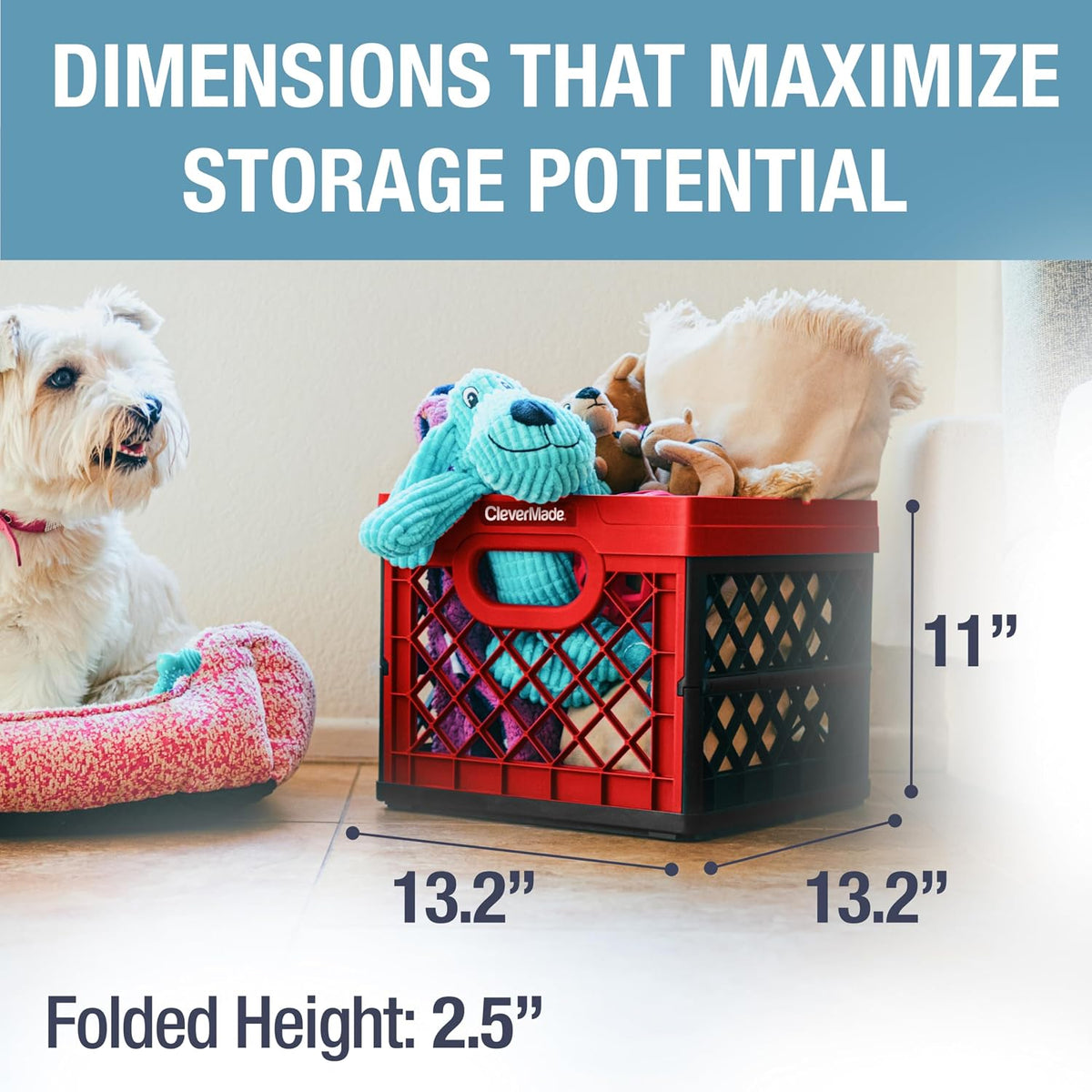 CleverMade Heavy Duty Collapsible Milk Crate, 25L, 6.6 Gal, 50 lb, Red | Stackable plastic storage crate with file rails for hanging folders and organizes garages, classrooms, offices and car trunks