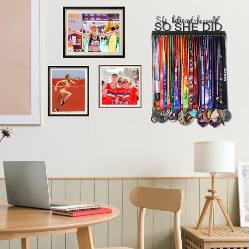 Goutoports Medal Holder Display Hanger - Personalized "She Believed She Could" Design | Sturdy Black Steel for Over 60 Medals