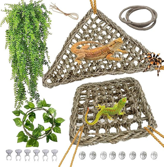 kathson Bearded Dragon Hammock,Lizard Lounger Reptile Tank Hanging Plants Climbing Jungle Vines Flexible Leaves Decorations for Lizards Chameleon Gecko Snakes(5 PCS)