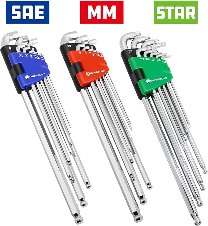 Powerbuilt 9 Piece Star Stubby Long Arm Ball End Hex Key Wrench Set, Allen Hex Key Wrench, Extra Long Arm, Ball End, size T10 to T50-240101