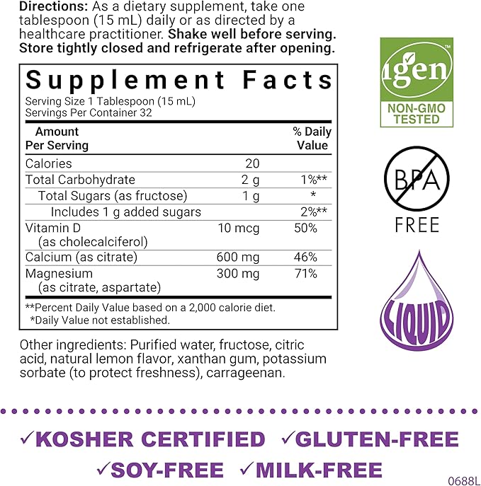 Bluebonnet Nutrition Liquid Calcium Citrate Magnesium Citrate, Vitamin D3, Bone Health, Gluten Free, Soy free, milk free, kosher, 32 Servings, Lemon Flavor, 16 Fl Oz (Pack of 1)