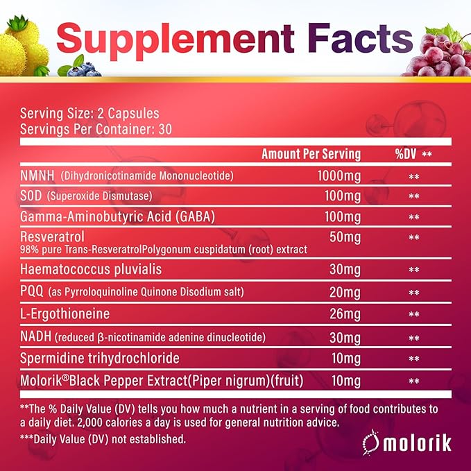NMNH (Dihydronicotinamide Mononucleotide), 1000mg Per Serving NAD High Purity Supplement Alternative, Capsules Gluten Free, Non-GMO, for Anti-Aging, Energy, Focus - 077
