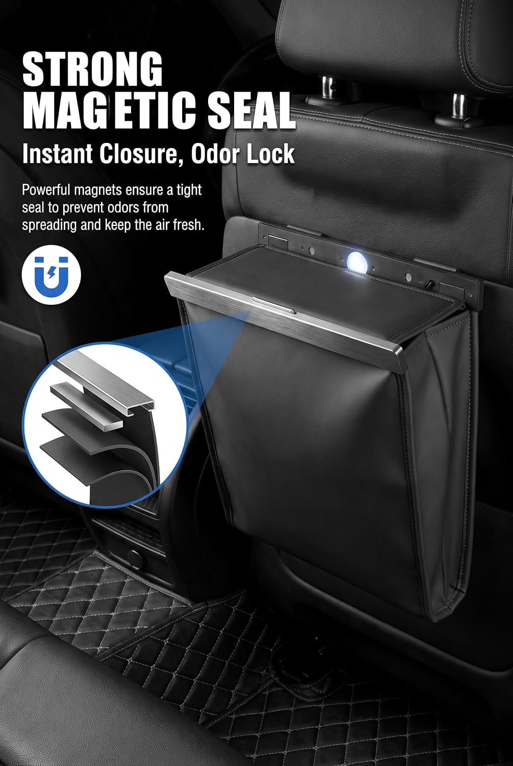 Car Trash Can with LED, Leather Trash Bag Hanging with LED Light, Magnet Garbage Can for Back Seat, Console and Door, Universal for Most Cars, SUVs, Trucks (Black)
