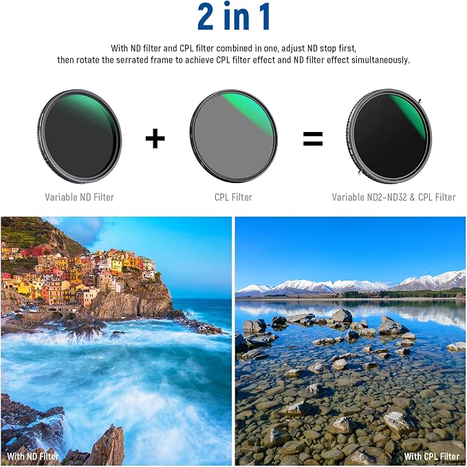 NEEWER 2 in 1 58mm Variable ND Filter ND2–ND32&CPL Filter No X Cross/30 Layer