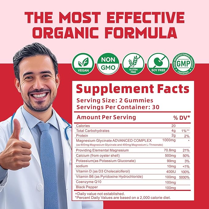 Magnesium Glycinate Gummies 1000mg - Sugar Free Magnesium Potassium Supplement with Vitamin D, B6, CoQ10 for Calm Mood & Sleep Support - 120 Strawberry Gummies