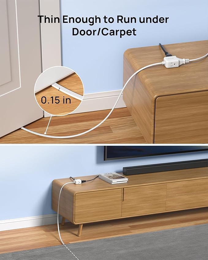 TROND Flat Extension Cord 10ft - Right Angled Flat Plug Power Strip, ETL Listed, 3 Plug Extension Outlets, Three Prong, SPT 16/3 Gauge Cable, 13 Amps, Compact for Indoor Home Office Kitchen, White