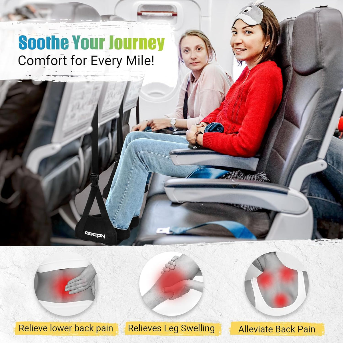2-Pack Foot Hammock for Plane Travel, No Collapse Thickened Bamboo Airplane Foot Rest with Extended Adjustment Strap, Portable Desk Foot Hammock to Relax Your Feet, Foot Sling Travel Essentials(Black)