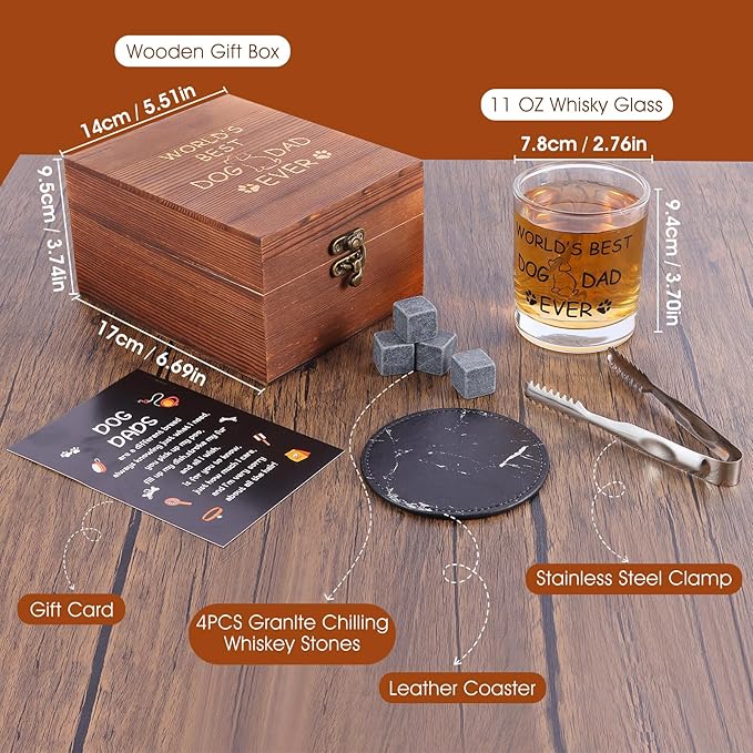 Dog Dad Gifts, Best Gift for Dad, Gift with 12oz Whiskey Glasses, Stones, Coaster, Wooden Box for Dogfather