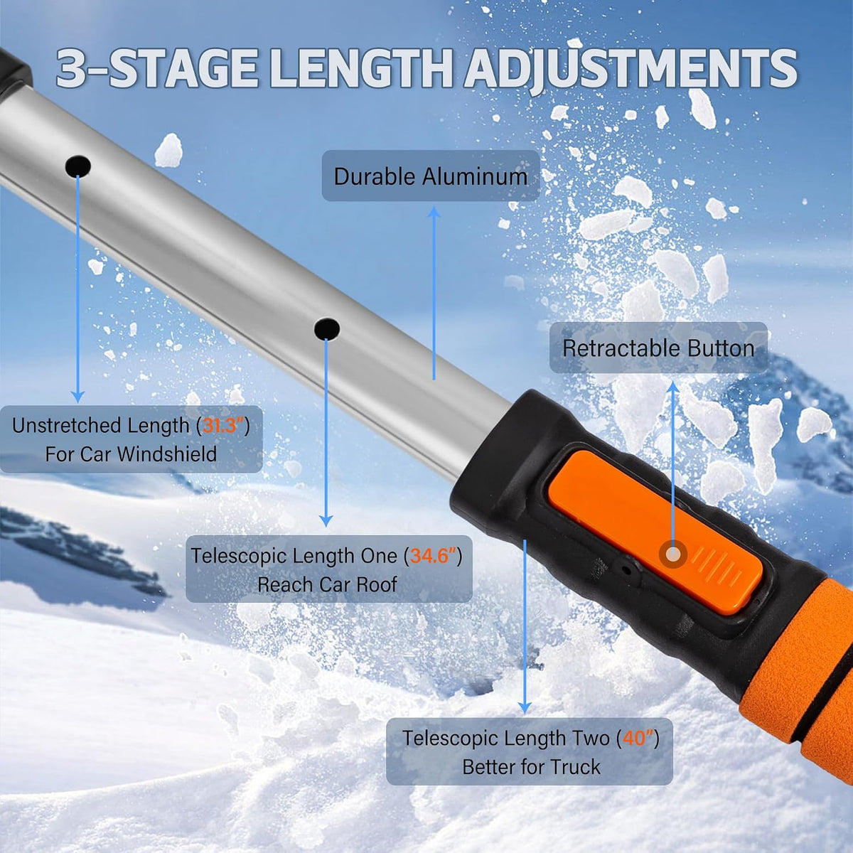 5-in-1 Extendable Snow Shovel and Ice Scraper for Car, 31"-40" Snow Brush with Squeegee, Pivoting Brush Head & Foam Grip for Windshield, Truck, SUV