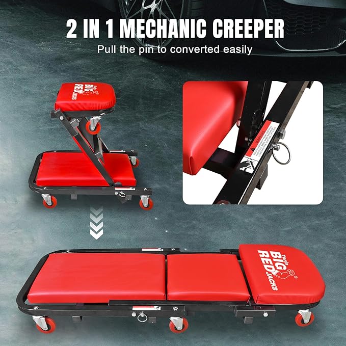 Big RED ATW4015ZR Torin ，40" Foldable Z-Creeper Seat，2-in-1 Garage/Shop Creeper，330 lbs Capacity，Low Profile Creeper with 6 pcs Wheels for Auto Repair，Garage and Shop，Lay Down or Sit，Red