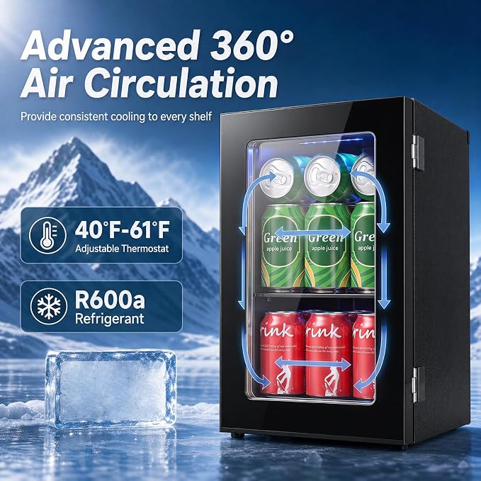 COSTWAY 24 Cans Beverage Refrigerator, 18L/0.6 Cu.Ft Countertop Mini Fridge | Quiet Drink Cooler with Touch Panel, 40-61℉ Thermostat, Tri-Layer Insulated Door and Blue LED Lights for Home Office & Bar