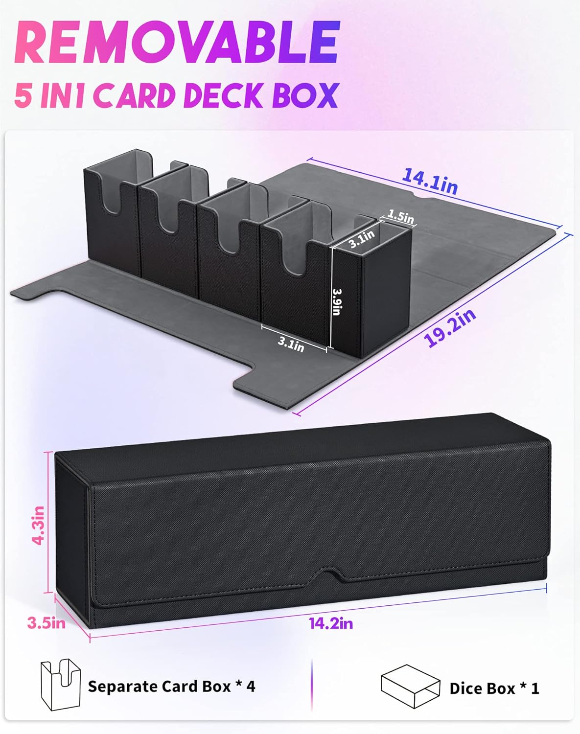 UAONO Card Deck Box - 5-in-1 Organizer with Dice Tray for MTG | Holds 800+ Unsleeved Cards (Black)