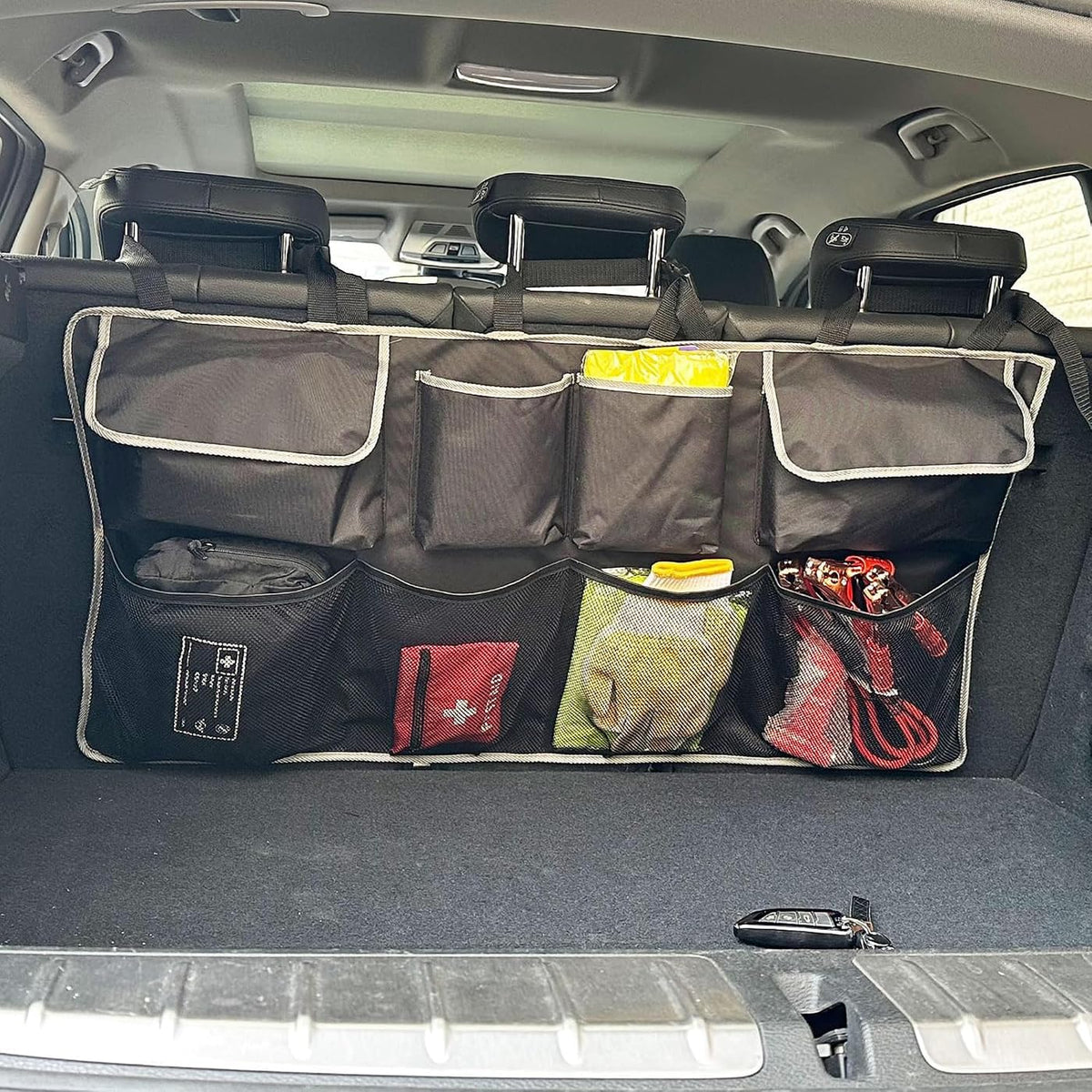 Car Back Seat Trunk Organizer Hanging Bag, Car Interior Organizer Accessories with 4 Pockets and 4 Mesh Pouches,Save More Storage Trunk Space for SUV,Jeep,MPV
