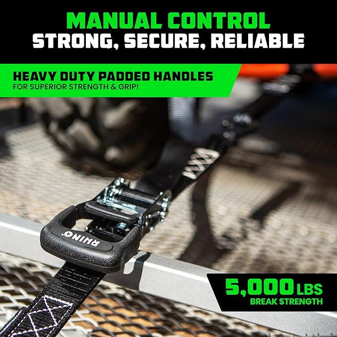 RHINO USA Ratchet Straps Tie Down Kit, 5,000 Break Strength - Includes Heavy Duty Rachet Tiedowns with Padded Handles & Coated Chromoly S Hooks + Soft Loop Tie-Downs