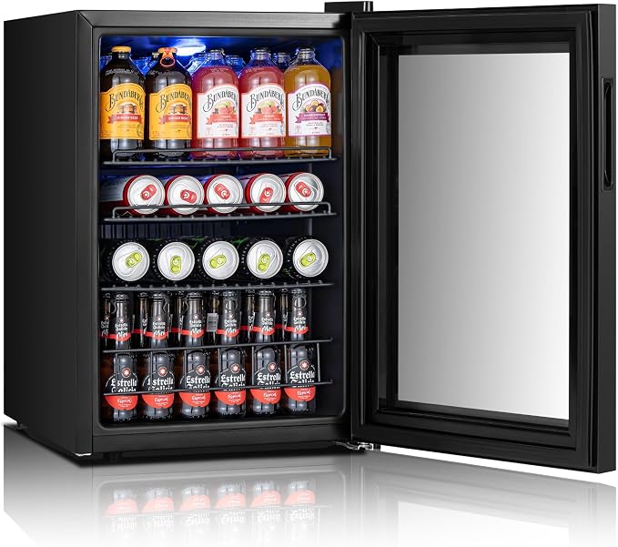 Yeego Beverage Refrigerator Drink Cooler, 85 Cans Mini Fridge Glass Door | Soda Wine Beer Cooler, 34°F To 54°F Temperature Control, for Home Office Bar, Adjustable Shelves,Freestanding, Black
