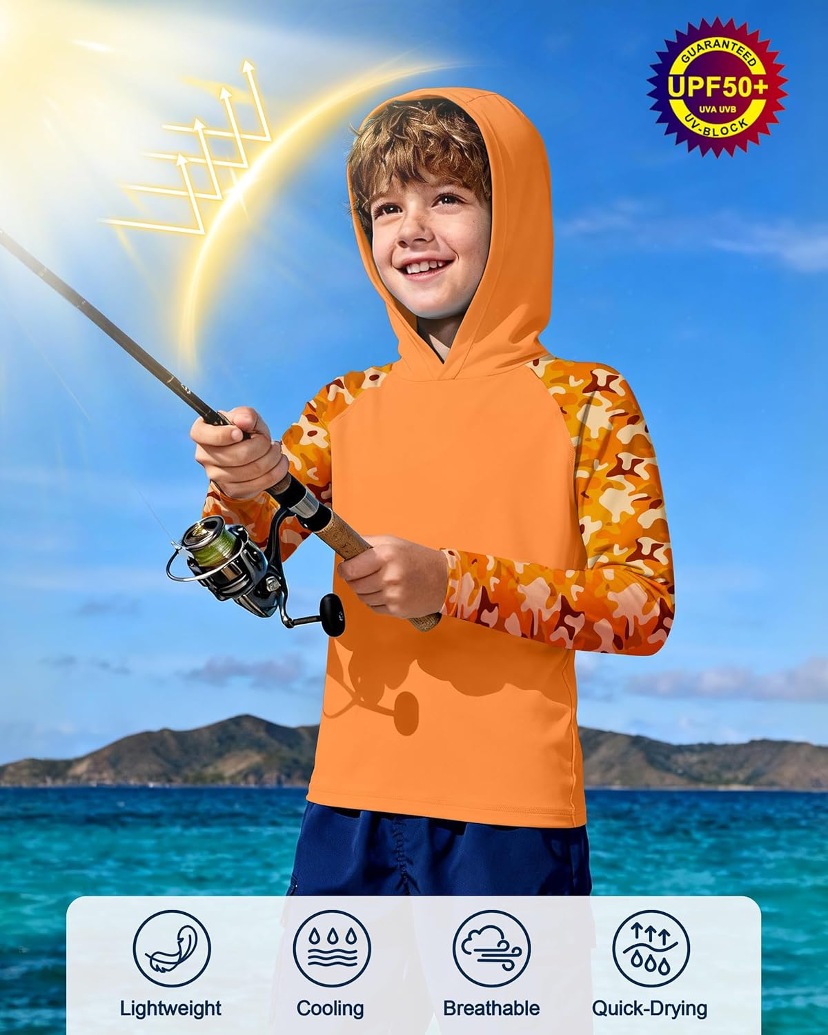 Skiennix Boys Rash Guard Swim Hoodie - UPF 50+ UV Protection Long Sleeve Fishing Shirt | Kids SPF Water Shirt