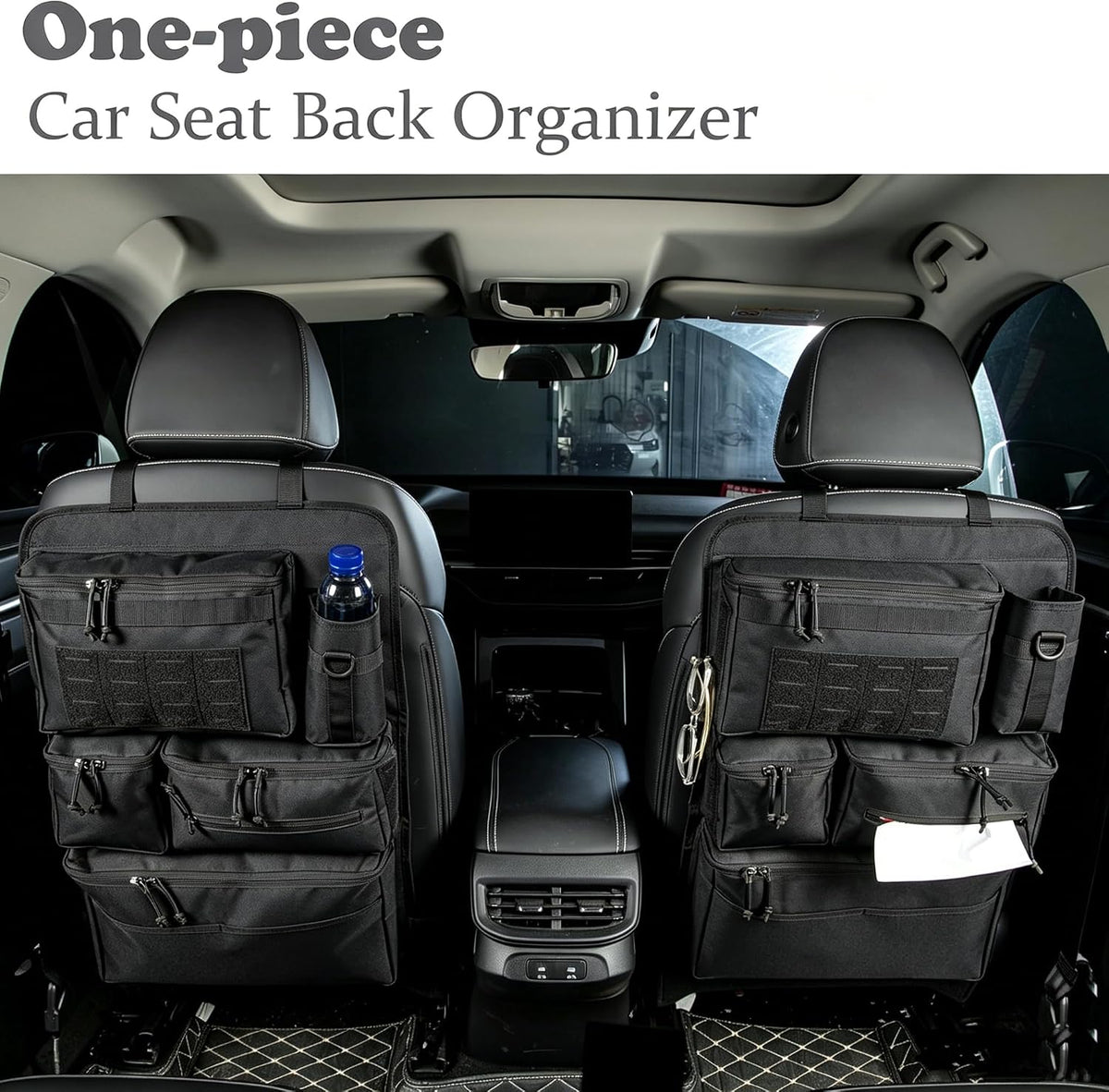 One-Piece Universal Car Seat Back Organizer with Tissue & Water Bottle Bag | Tactical Molle Car Backseat Organizer, Multi Separate Storage Compartments,for Car Truck Pickups SUVs