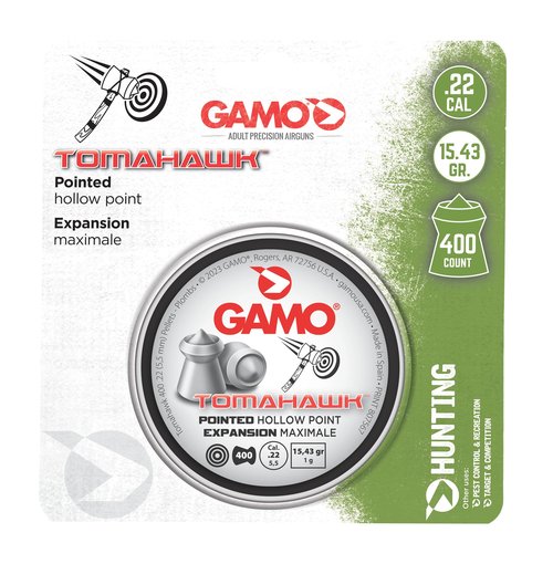 Gamo, Tomahawk Pointed Hollow Point .22 Cal. Pellet Air Rifle Ammunition, .22 Cal Hollow-Point Pellet Ammunition for Air Guns, 400 Pellet Tin, Maxmium Expansion