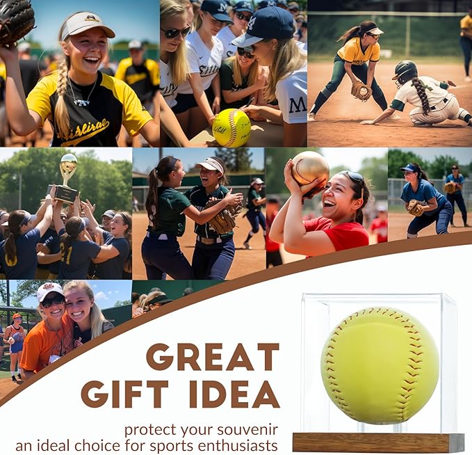 JupDec Softball Display Case Clear Acrylic Ball Holder, UV Protected Cube with Wood Base Stand, Championship Sports Collections Box Showcase