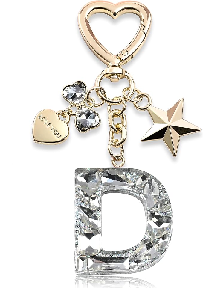 Cute Bling Keychain initial Letter Butterfly Star Pink Purple Gift for Women Girls Bag Cup Charms Accessories