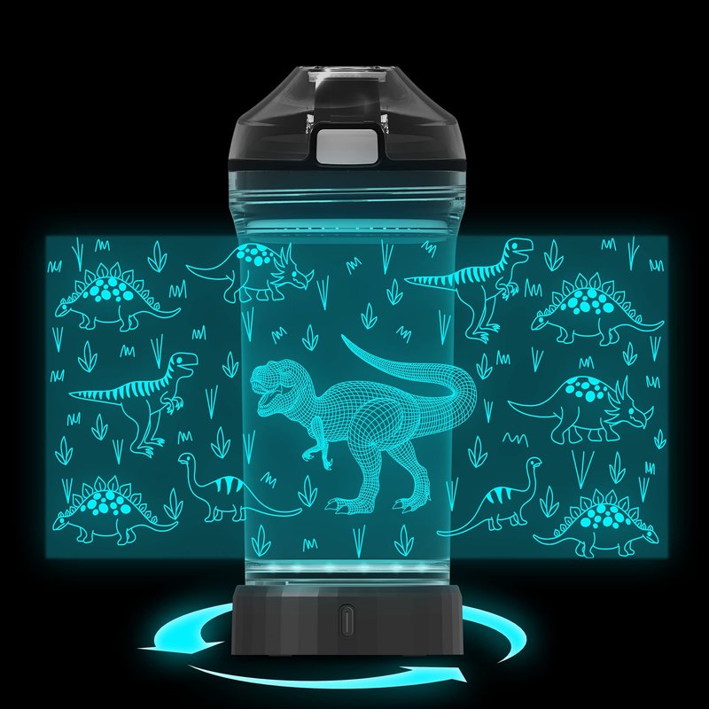 YuanDian Dinosaur Water Bottle, Light Up Boy Drinking Cups with 3D Dinosaur Night Light- 14 OZ Tritan BPA Free Eco-Friendly - Cool Jurassic Merchandise Gift for School Kids Boy Girl