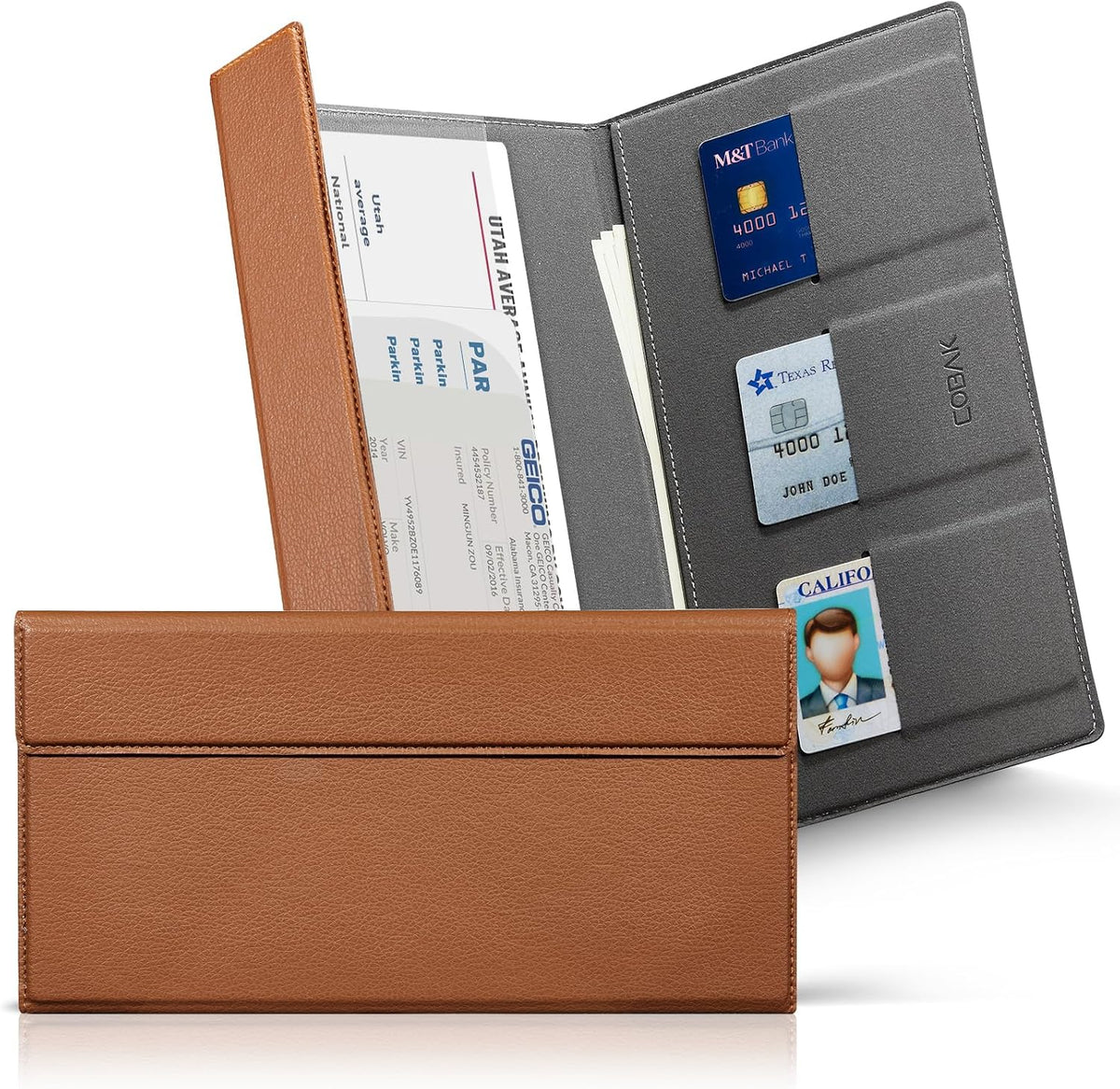 CoBak Leather Car Registration and Insurance Holder with Magnetic Compartment - Vehicle Glove Box Organizer for Driver License, Cards, Emergency Cash - Auto Truck Accessories Case, Sage Green