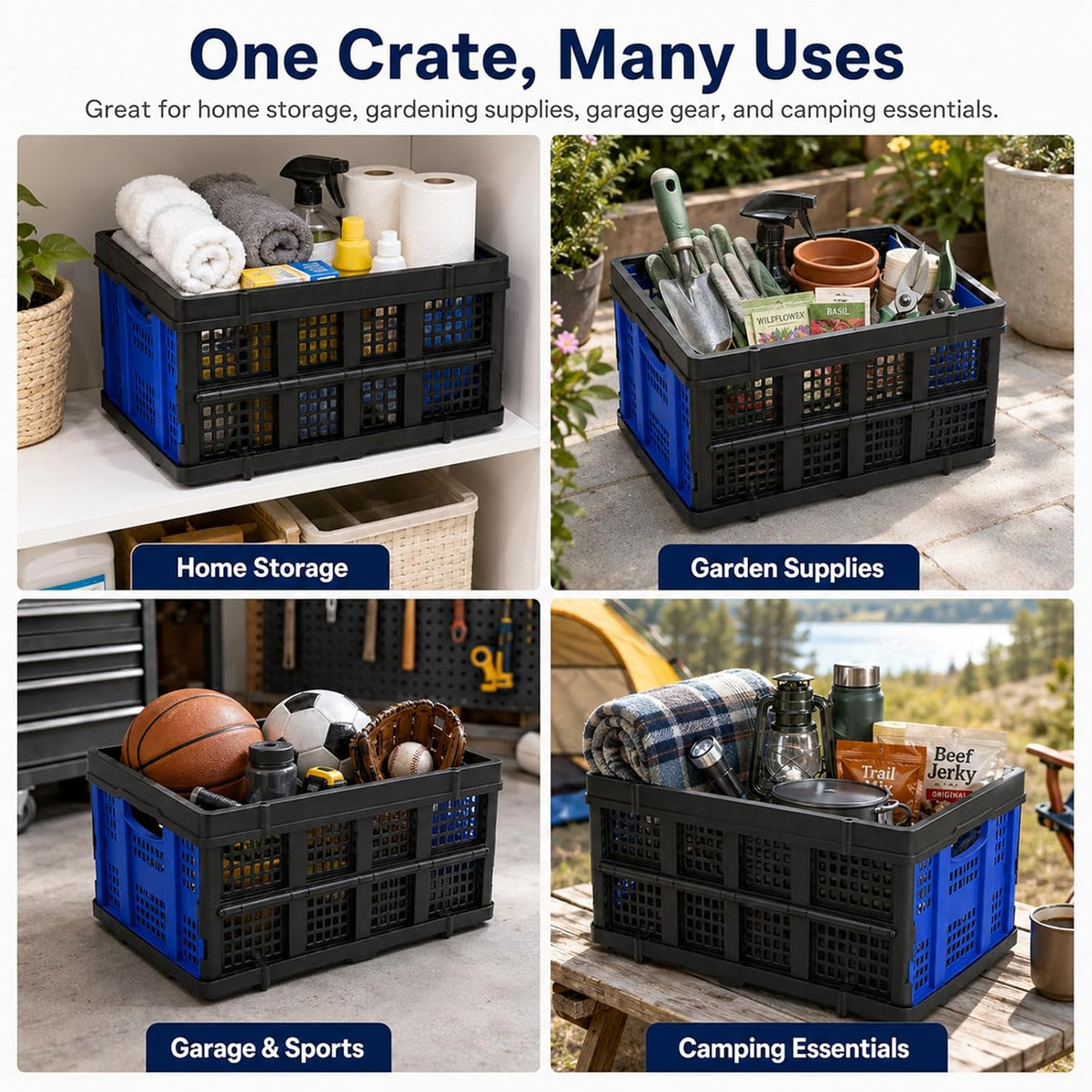 49L Collapsible Storage Crate, Stackable, Blue, 1 Pack