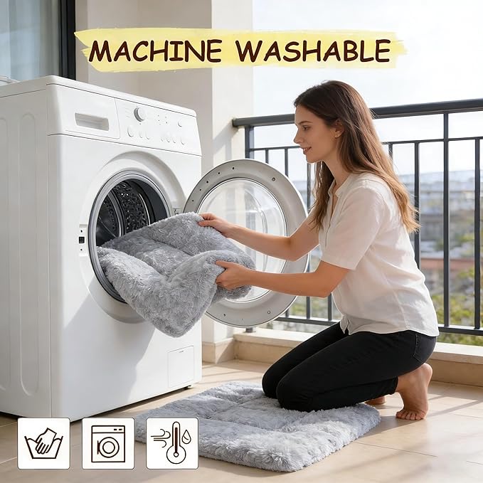Washable Dog Bed for Small to Large Dogs, Calming Anti Anxiety Medium Dog Bed, Deluxe Plush Faux Fur Crate Beds, Comfy Fluffy Kennel Pad Pet Sleeping Mat with Non-Slip Bottom, 41"x27", Gray