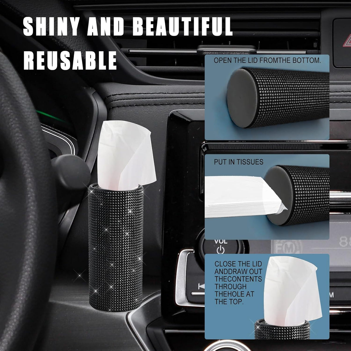 Bling Car Tissue Holder for Cup Holder, Car Organizer, Sparkly Diamond Automotive Interior Tissue Cylinder Storage Box, Cylinder Tissue Dispenser for Cars Decor Universal for Most Cars (Black)